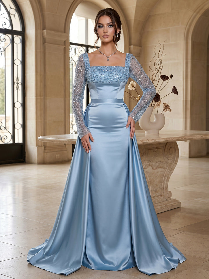 Sheath/Column Square Neck Long Sleeves Floor-Length Evening Dresses with Sequins &amp; Beading