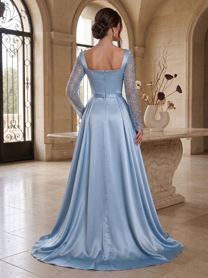 Sheath/Column Square Neck Long Sleeves Floor-Length Evening Dresses with Sequins &amp; Beading