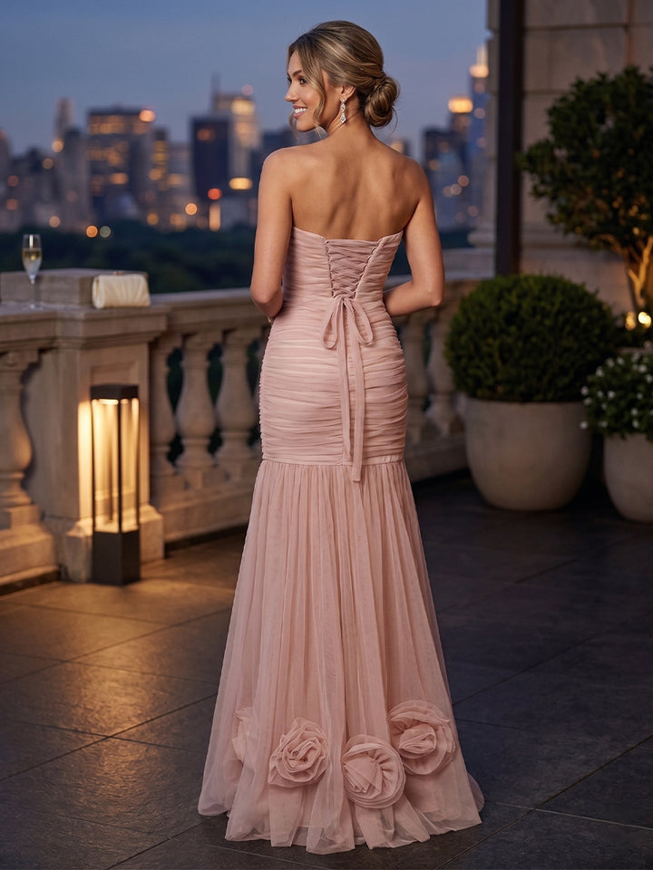 Trumpet/Mermaid Strapless Sleeveless Floor-Length Evening Dresses with 3D Floral &amp; Ruched