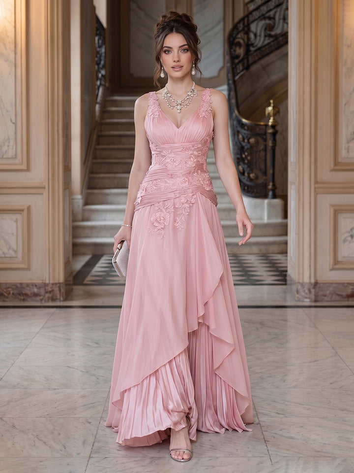 A-Line/Princess V-Neck Sleeveless Floor-Length Evening Dresses with Ruffles &amp; Applique