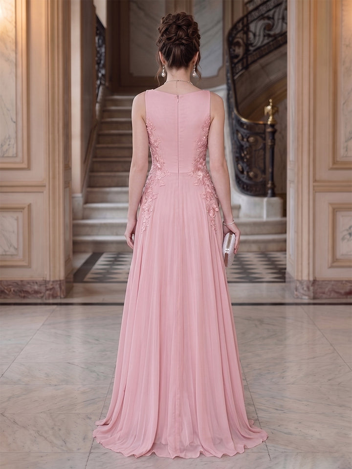 A-Line/Princess V-Neck Sleeveless Floor-Length Evening Dresses with Ruffles &amp; Applique