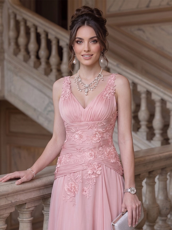 A-Line/Princess V-Neck Sleeveless Floor-Length Evening Dresses with Ruffles &amp; Applique