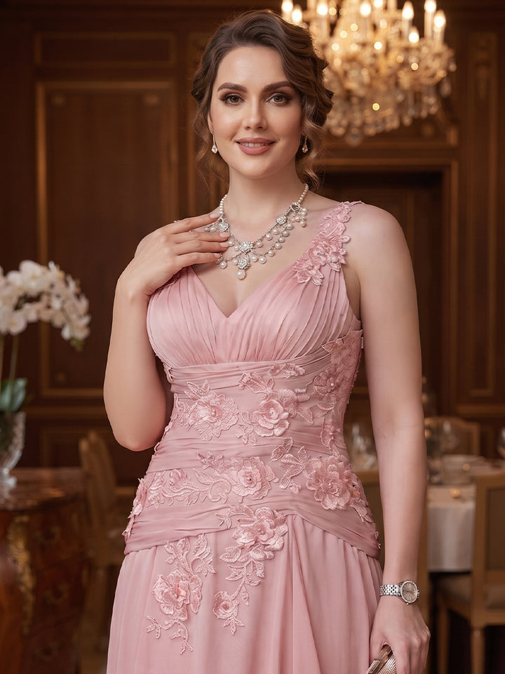 A-Line/Princess V-Neck Sleeveless Floor-Length Plus Size Evening Dresses with Ruffles &amp; Applique