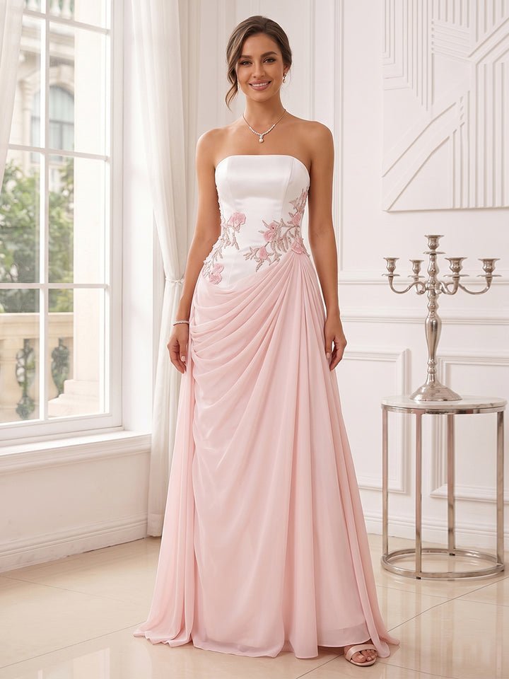 Sheath/Column Strapless Sleeveless Floor-Length Evening Dresses with Applique &amp; Pleats