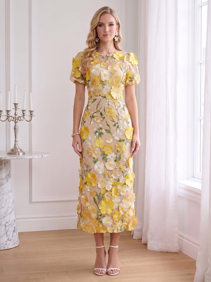 Sheath/Column Scoop Short Sleeves Ankle-Length Wedding Guest Dresses with Embroidery &amp; 3D Floral