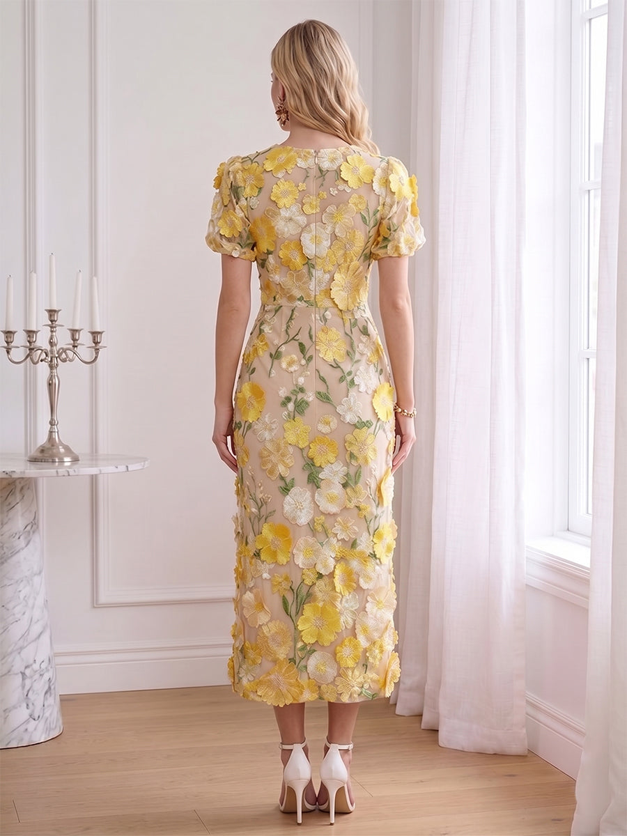 Sheath/Column Scoop Short Sleeves Ankle-Length Wedding Guest Dresses with Embroidery &amp; 3D Floral