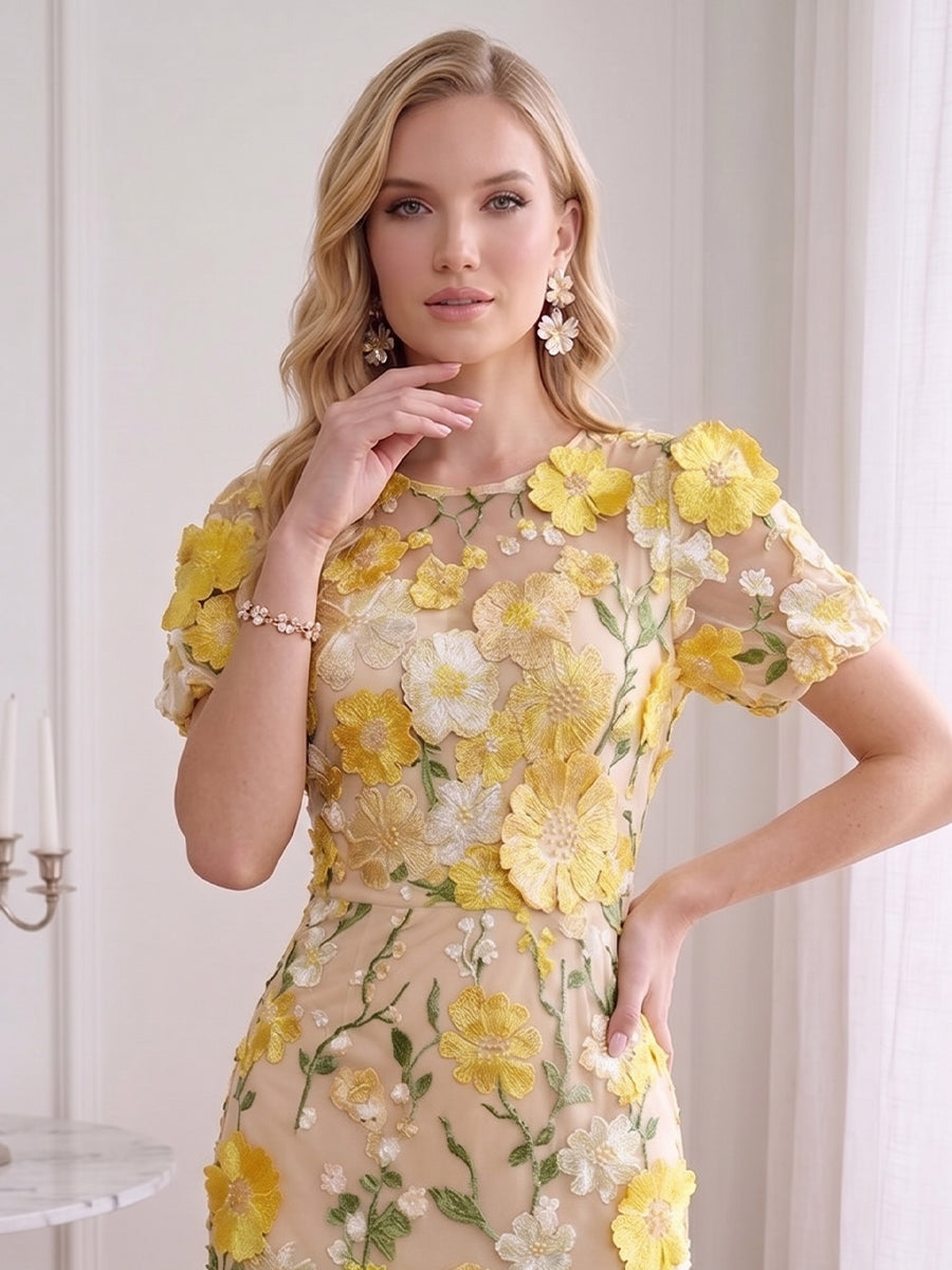 Sheath/Column Scoop Short Sleeves Ankle-Length Wedding Guest Dresses with Embroidery &amp; 3D Floral