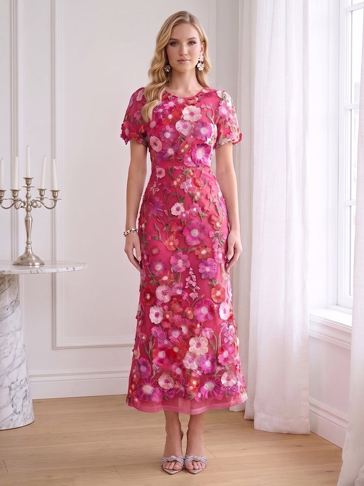 Sheath/Column Scoop Short Sleeves Ankle-Length Wedding Guest Dresses with Embroidery &amp; 3D Floral
