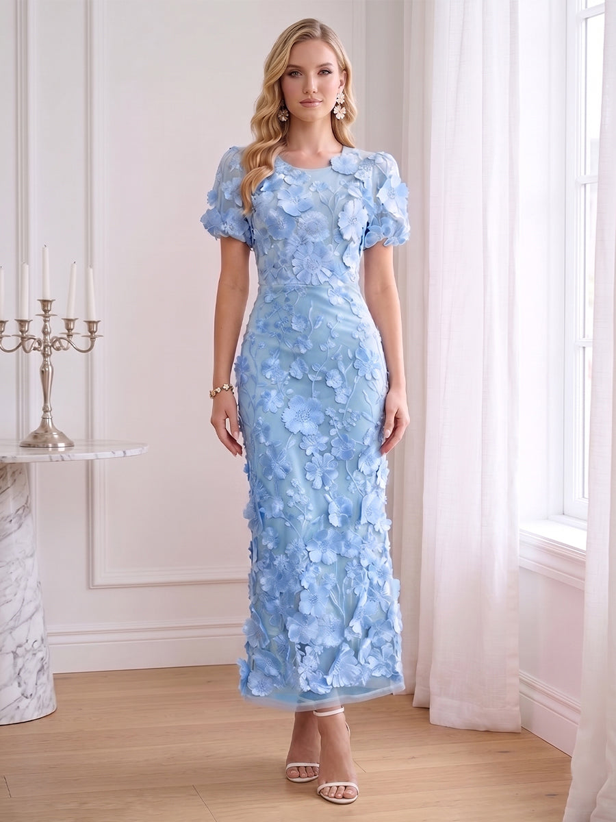 Sheath/Column Scoop Short Sleeves Ankle-Length Wedding Guest Dresses with Embroidery &amp; 3D Floral