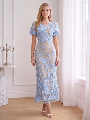 Sheath/Column Scoop Short Sleeves Ankle-Length Wedding Guest Dresses with Embroidery & 3D Floral