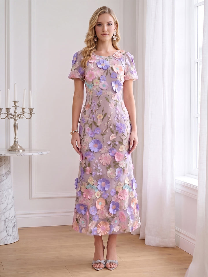 Sheath/Column Scoop Short Sleeves Ankle-Length Wedding Guest Dresses with Embroidery &amp; 3D Floral