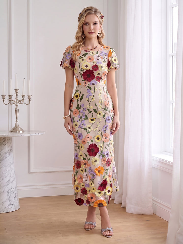 Sheath/Column Scoop Short Sleeves Ankle-Length Wedding Guest Dresses with Embroidery &amp; 3D Floral
