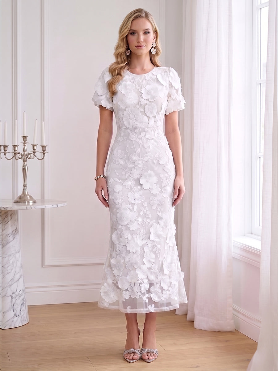 Sheath/Column Scoop Short Sleeves Ankle-Length Wedding Guest Dresses with Embroidery &amp; 3D Floral
