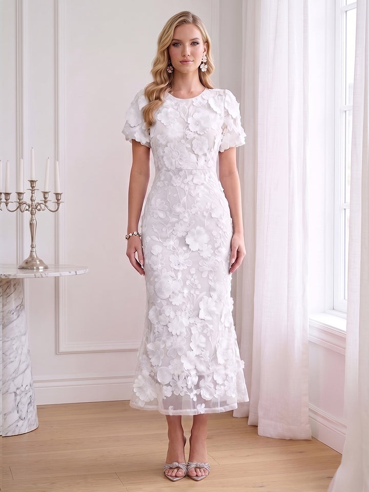 Sheath/Column Scoop Short Sleeves Ankle-Length Wedding Guest Dresses with Embroidery &amp; 3D Floral