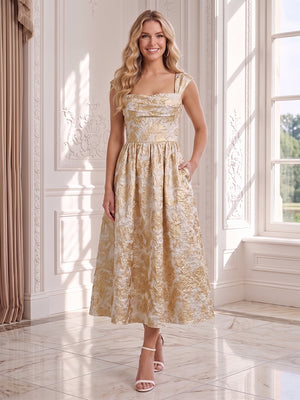A-Line/Princess Square Neck Sleeveless Tea-Length Wedding Guest Dresses with Applique & Ruched