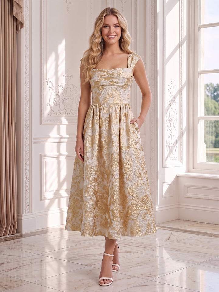 A-Line/Princess Square Neck Sleeveless Tea-Length Wedding Guest Dresses with Applique &amp; Ruched