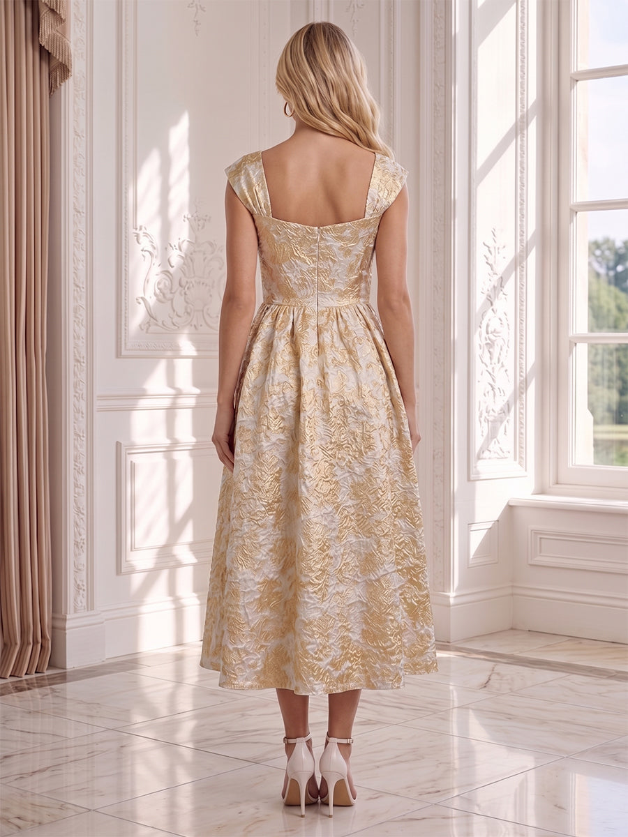 A-Line/Princess Square Neck Sleeveless Tea-Length Wedding Guest Dresses with Applique &amp; Ruched