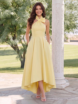 A-Line/Princess Halter Sleeveless Asymmetrical Wedding Guest Dresses with Bowknot & Ruched