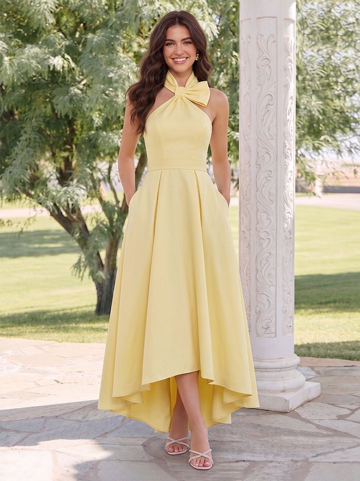 A-Line/Princess Halter Sleeveless Asymmetrical Wedding Guest Dresses with Bowknot &amp; Ruched