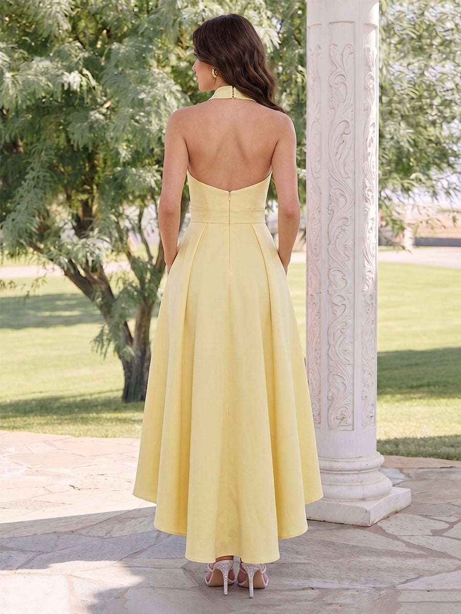 A-Line/Princess Halter Sleeveless Asymmetrical Wedding Guest Dresses with Bowknot &amp; Ruched