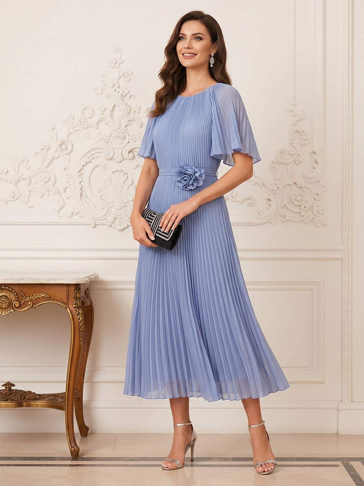 A-Line/Princess Short Sleeves Scoop Tea-length Mother of the Bride Dresses with 3D Floral &amp; Pleats