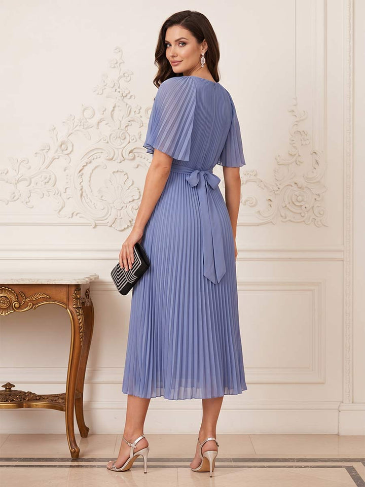 A-Line/Princess Short Sleeves Scoop Tea-length Mother of the Bride Dresses with 3D Floral &amp; Pleats