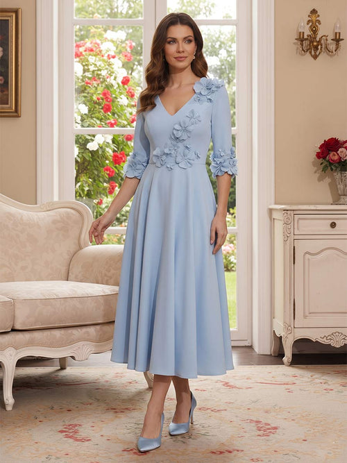 A-Line/Princess V-Neck Half-Sleeves Tea-length Mother of the Bride Dresses with 3D Floral & Pleats