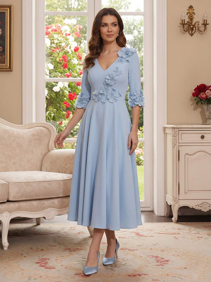 A-Line/Princess V-Neck Half-Sleeves Tea-length Mother of the Bride Dresses with 3D Floral &amp; Pleats