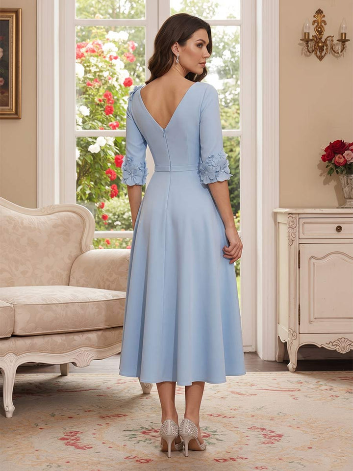 A-Line/Princess V-Neck Half-Sleeves Tea-length Mother of the Bride Dresses with 3D Floral &amp; Pleats