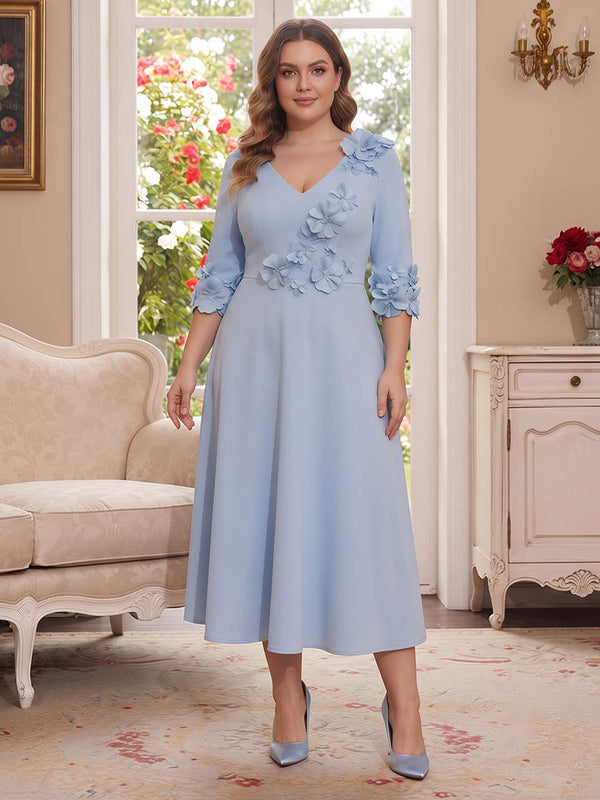 A-Line/Princess V-Neck Half-Sleeves Tea-length Plus Size Mother of the Bride Dresses with 3D Floral & Pleats