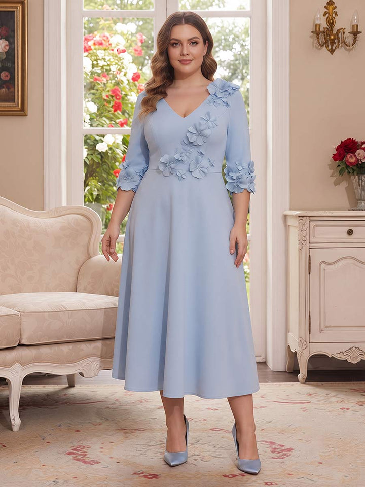 A-Line/Princess V-Neck Half-Sleeves Tea-length Plus Size Mother of the Bride Dresses with 3D Floral &amp; Pleats
