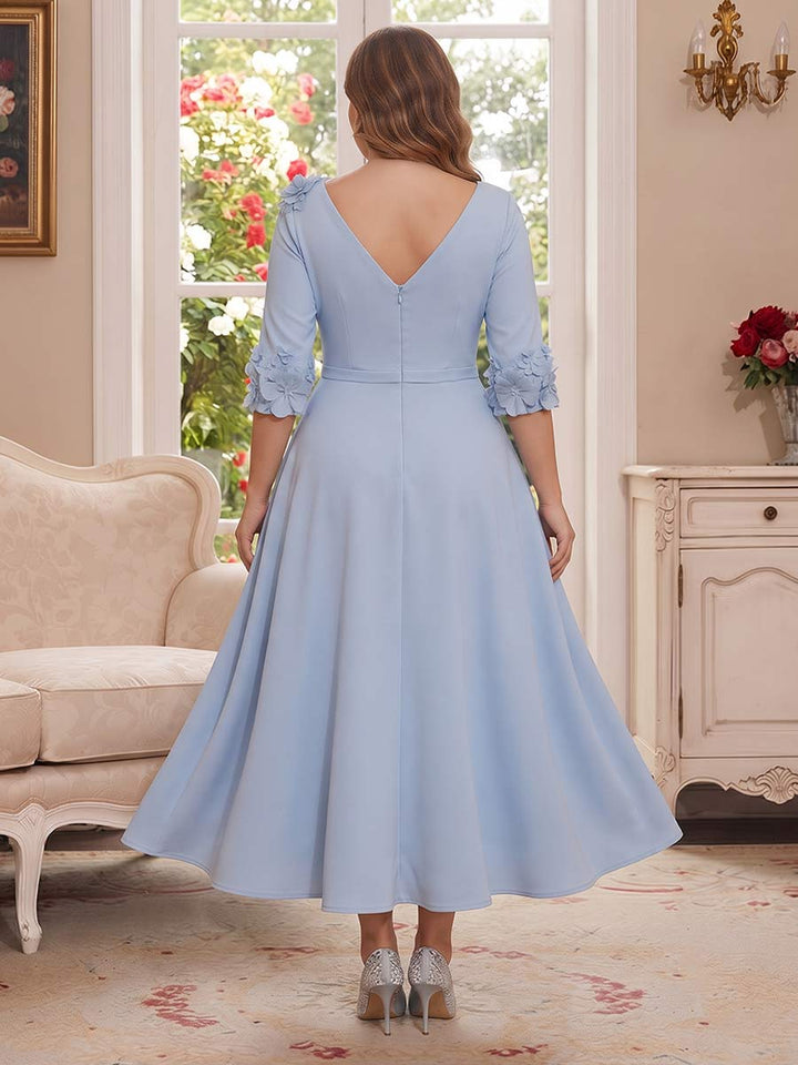 A-Line/Princess V-Neck Half-Sleeves Tea-length Plus Size Mother of the Bride Dresses with 3D Floral &amp; Pleats