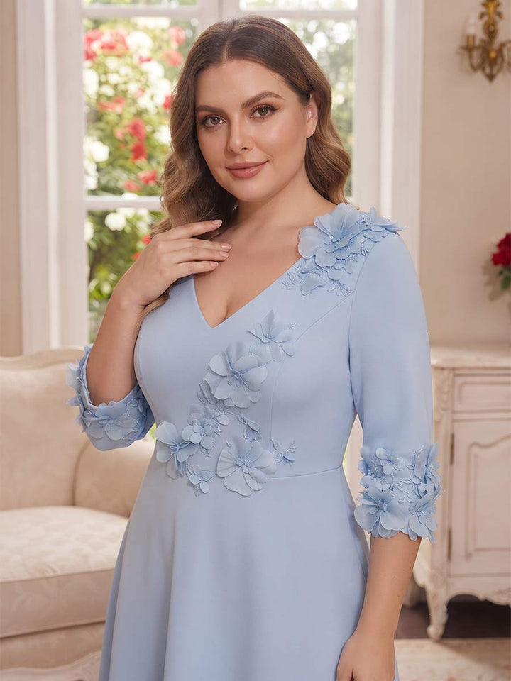 A-Line/Princess V-Neck Half-Sleeves Tea-length Plus Size Mother of the Bride Dresses with 3D Floral &amp; Pleats