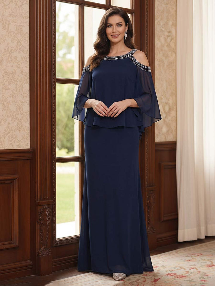 Sheath/Column 3/4 Sleeves Bateau Floor-length Mother of the Bride Dresses with Beading