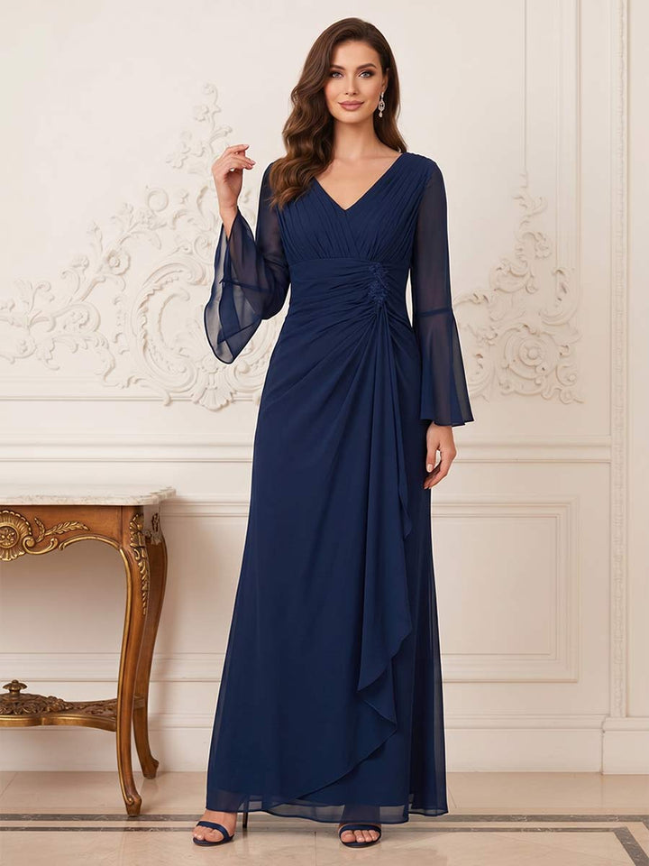 Sheath/Column V Neck Long Sleeves Floor-length Mother of the Bride Dresses with Ruched &amp; Ruffles