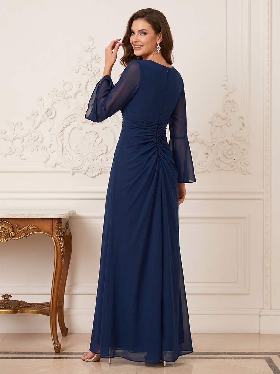 Sheath/Column V Neck Long Sleeves Floor-length Mother of the Bride Dresses with Ruched &amp; Ruffles