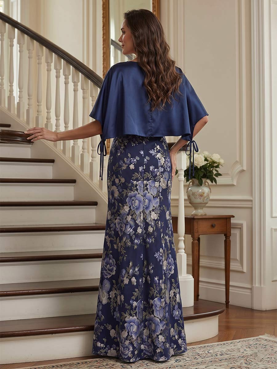Trumpet/Mermaid V Neck Half Sleeves Floor-length Mother of the Bride Dresses with Split Side &amp; Cape