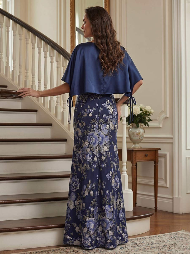 Trumpet/Mermaid V Neck Half Sleeves Floor-length Mother of the Bride Dresses with Split Side &amp; Cape