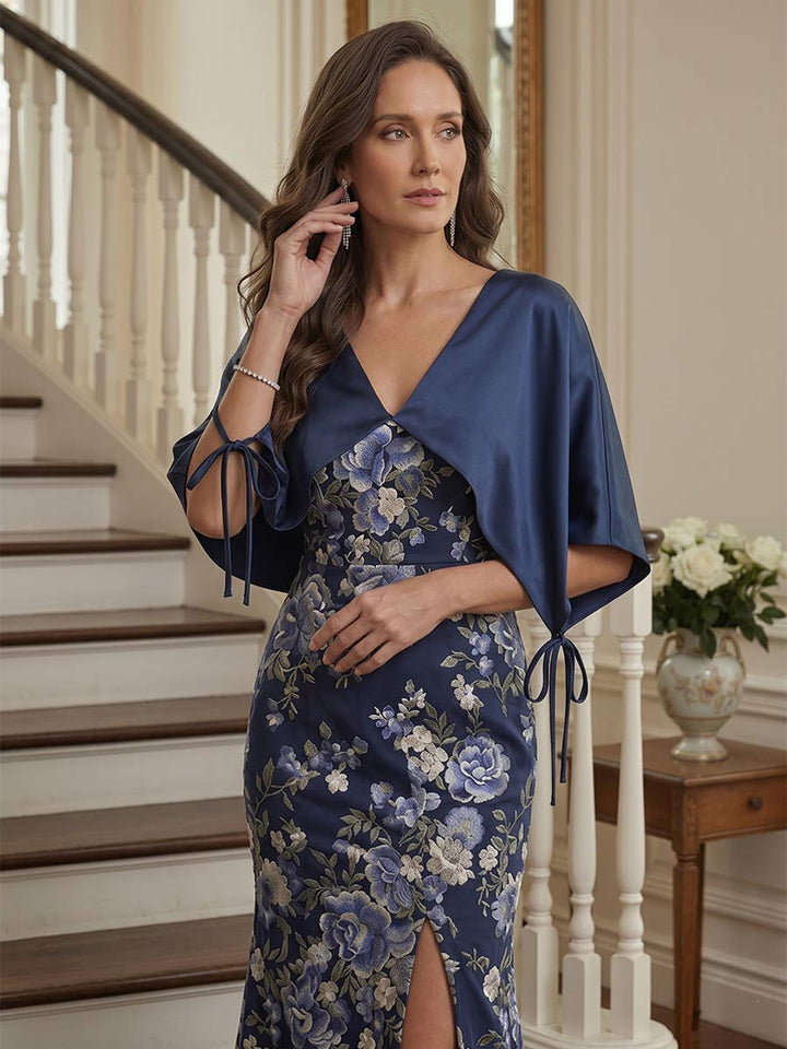 Trumpet/Mermaid V Neck Half Sleeves Floor-length Mother of the Bride Dresses with Split Side &amp; Cape
