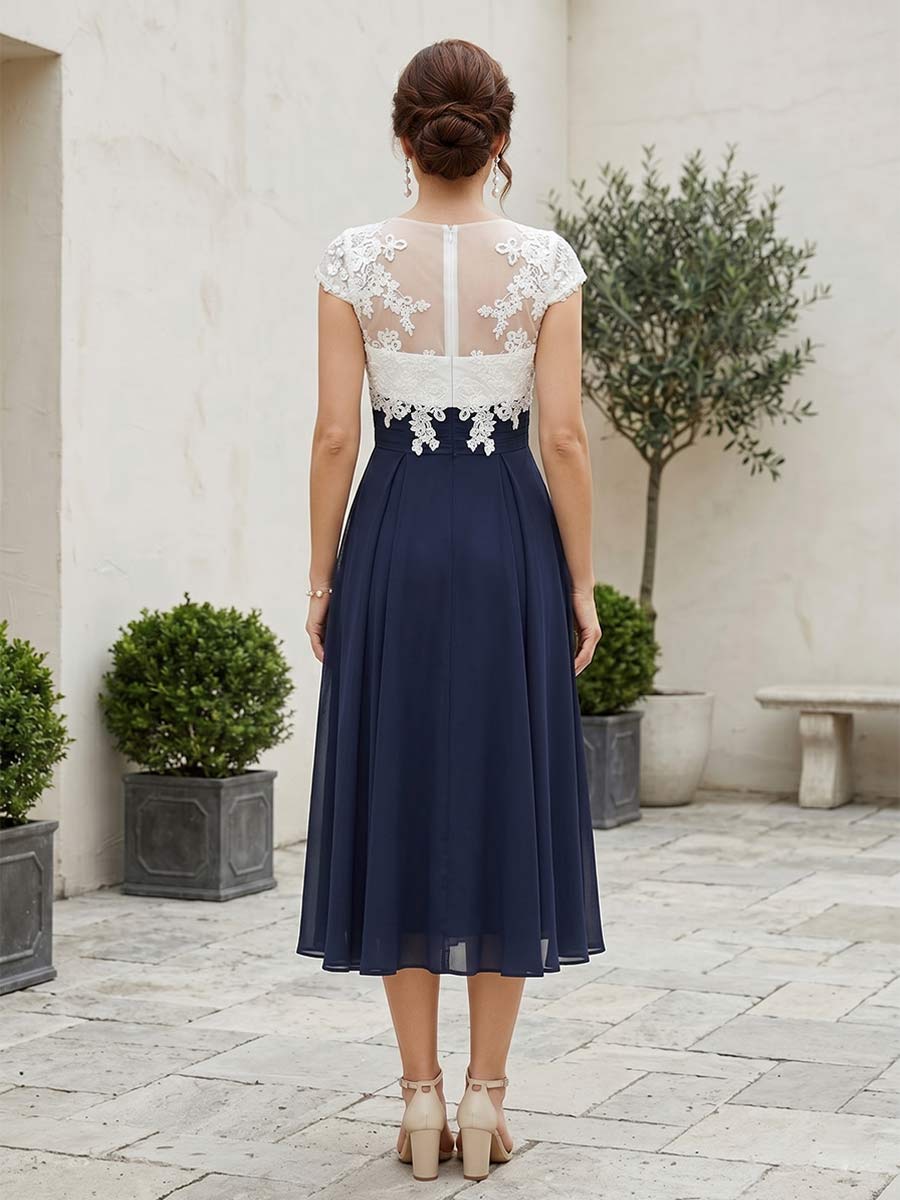 A-Line/Princess V-Neck Short Sleeves Tea-length Mother of the Bride Dresses with Applique &amp; Pleats