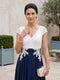 A-Line/Princess V-Neck Short Sleeves Tea-length Mother of the Bride Dresses with Applique & Pleats