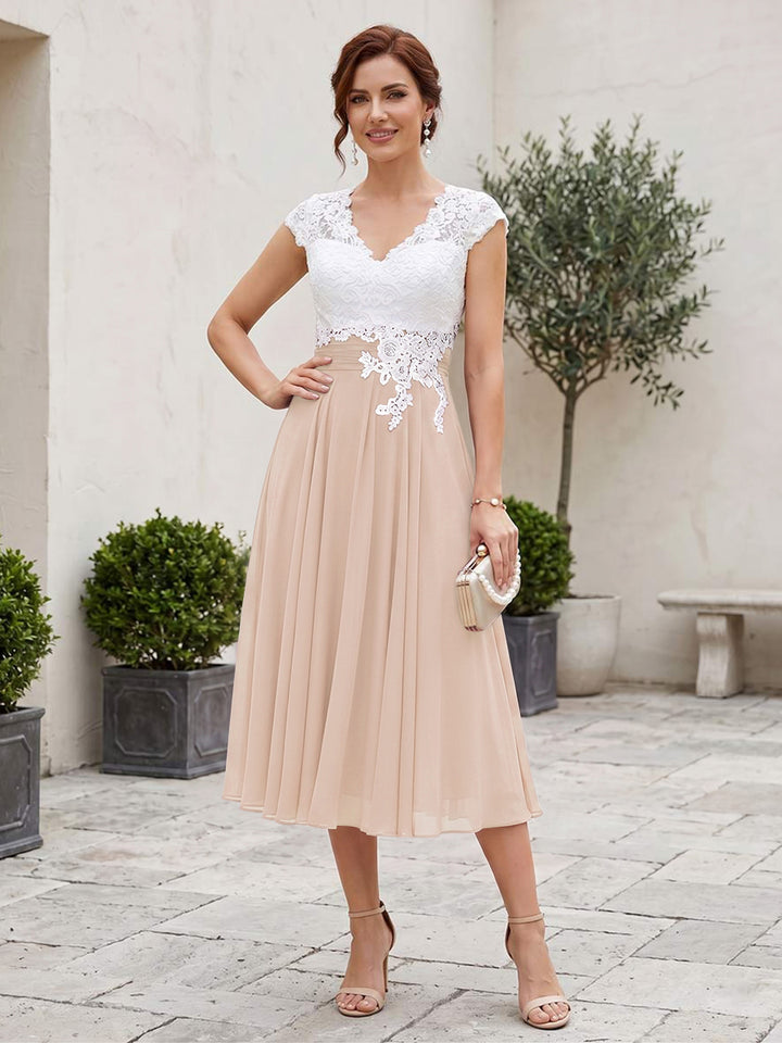A-Line/Princess V-Neck Short Sleeves Tea-length Mother of the Bride Dresses with Applique &amp; Pleats