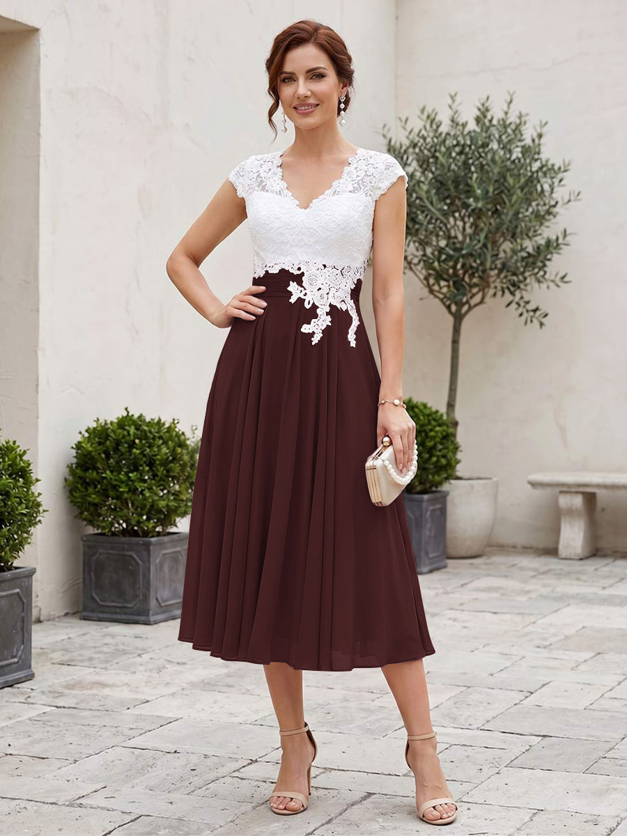 A-Line/Princess V-Neck Short Sleeves Tea-length Mother of the Bride Dresses with Applique &amp; Pleats