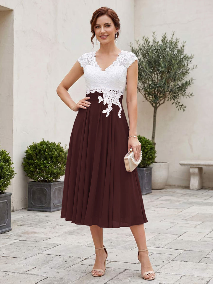 A-Line/Princess V-Neck Short Sleeves Tea-length Mother of the Bride Dresses with Applique &amp; Pleats