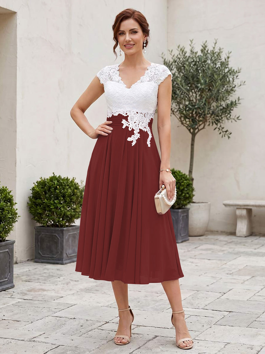 A-Line/Princess V-Neck Short Sleeves Tea-length Mother of the Bride Dresses with Applique & Pleats
