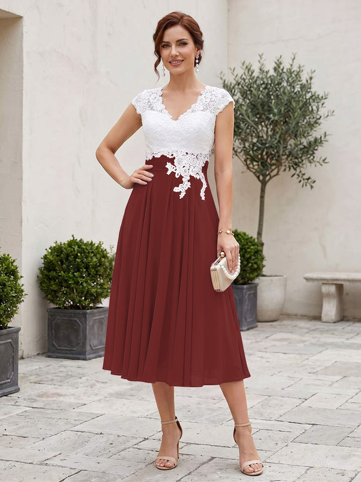 A-Line/Princess V-Neck Short Sleeves Tea-length Mother of the Bride Dresses with Applique &amp; Pleats