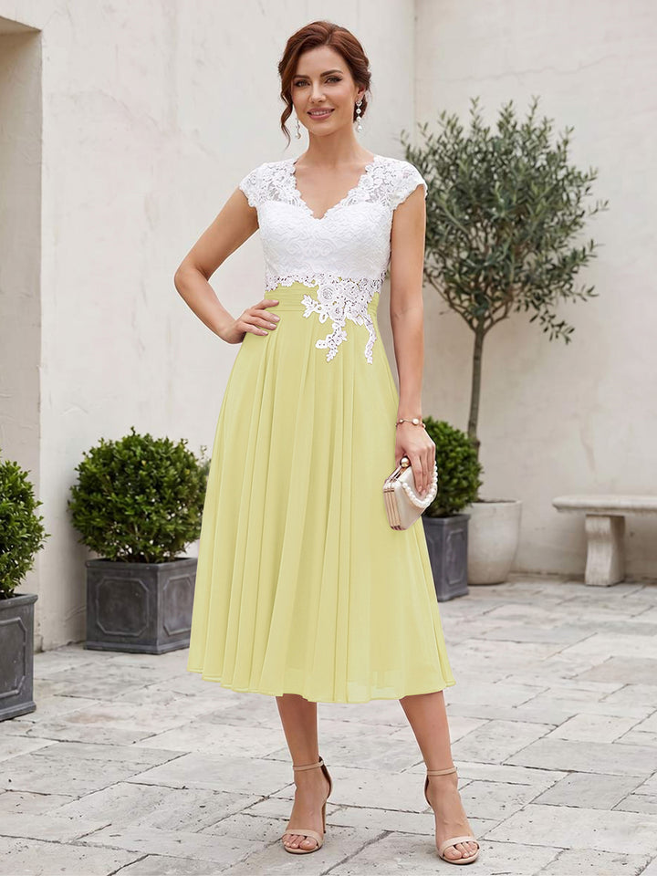 A-Line/Princess V-Neck Short Sleeves Tea-length Mother of the Bride Dresses with Applique &amp; Pleats