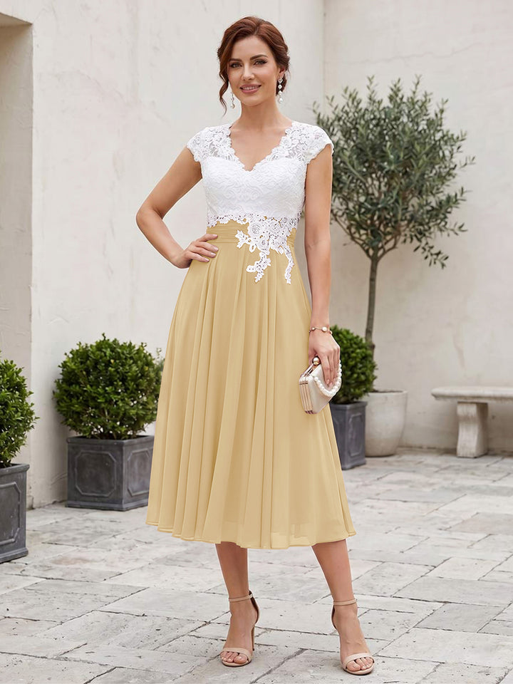 A-Line/Princess V-Neck Short Sleeves Tea-length Mother of the Bride Dresses with Applique &amp; Pleats