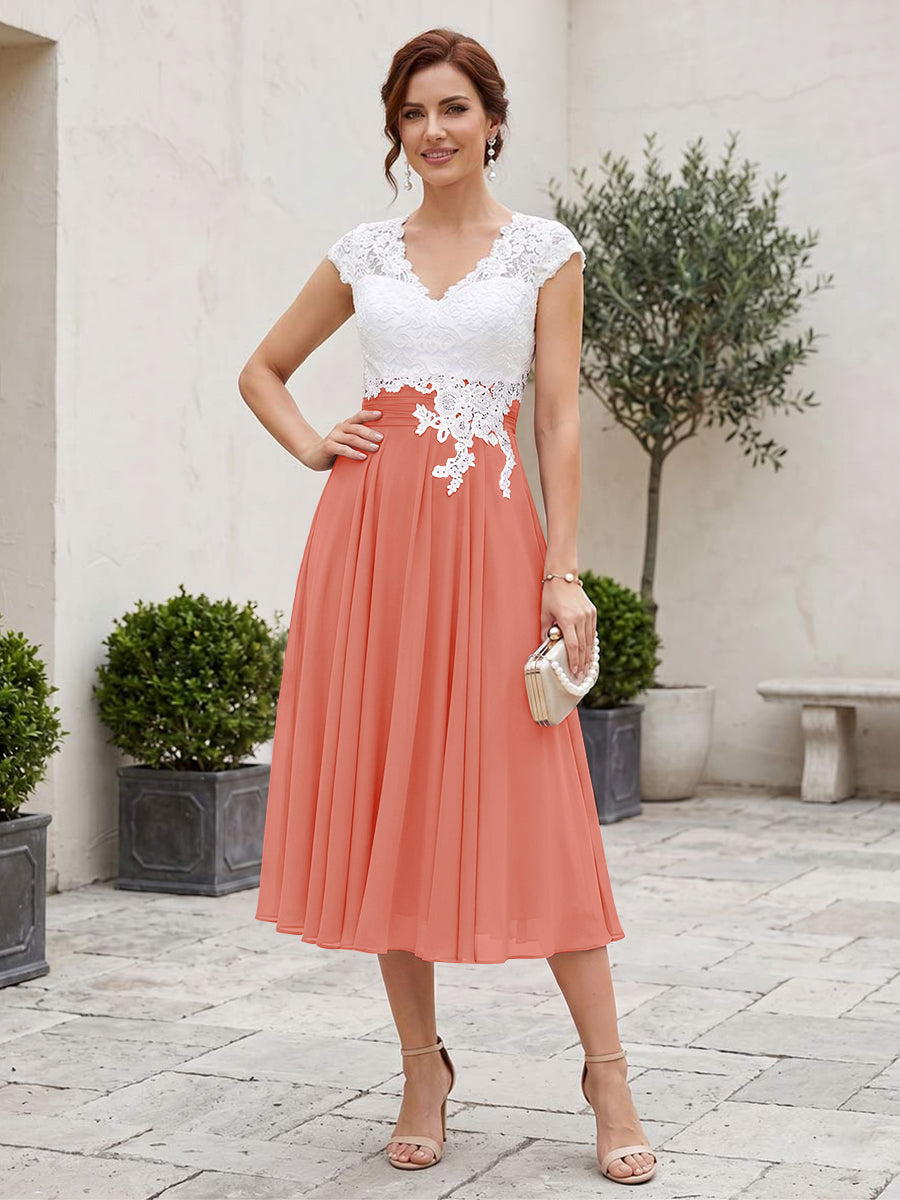 A-Line/Princess V-Neck Short Sleeves Tea-length Mother of the Bride Dresses with Applique &amp; Pleats