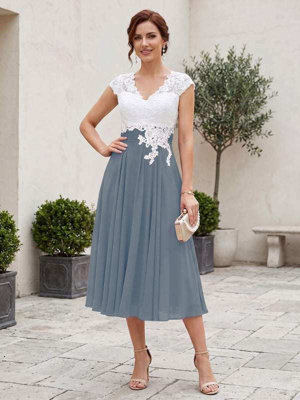 A-Line/Princess V-Neck Short Sleeves Tea-length Mother of the Bride Dresses with Applique & Pleats